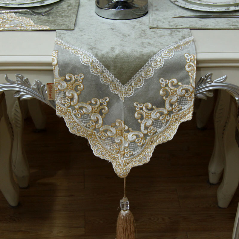 來茵歐式現代雪尼爾蕾絲花邊多色桌旗桌布椅墊椅背家居布藝 豆綠色 30*240